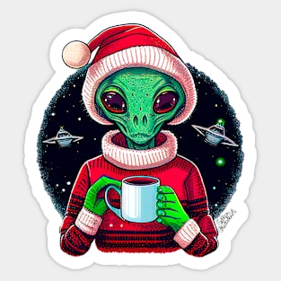 Christmas Funny Alien Drinking Coffee Wearing Sweater Sticker